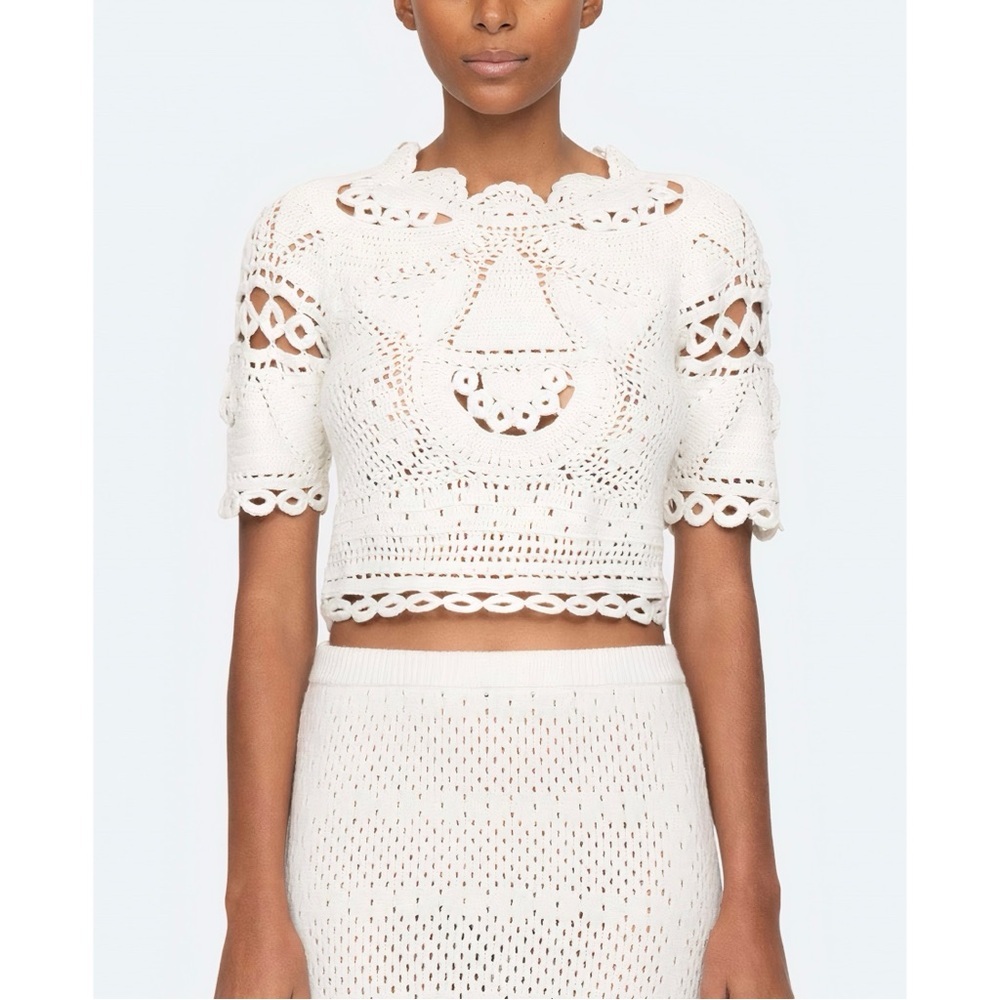 NWT SEA New York White Short-Sleeve Crochet Knit Carter Sweater Top - Picture 3 of 8